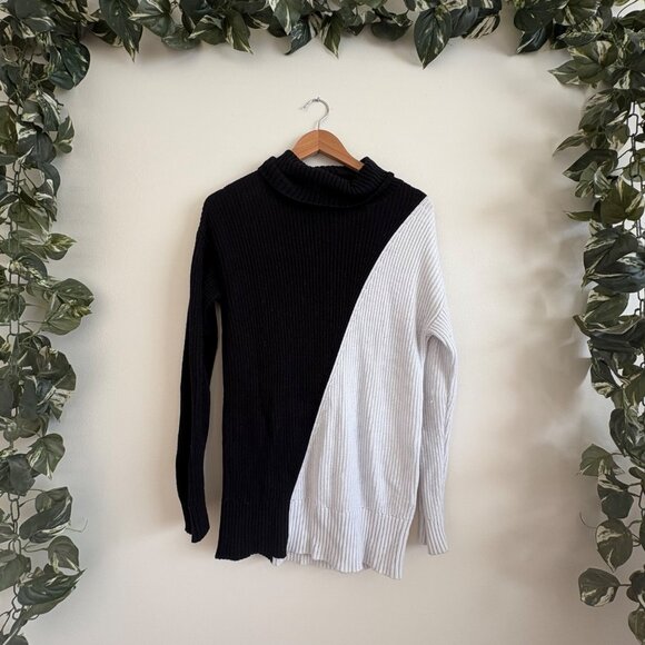 Alfani Color Block Turtleneck Cable Knit Long Sleeve Sweater Black White Sz XS - Picture 1 of 10